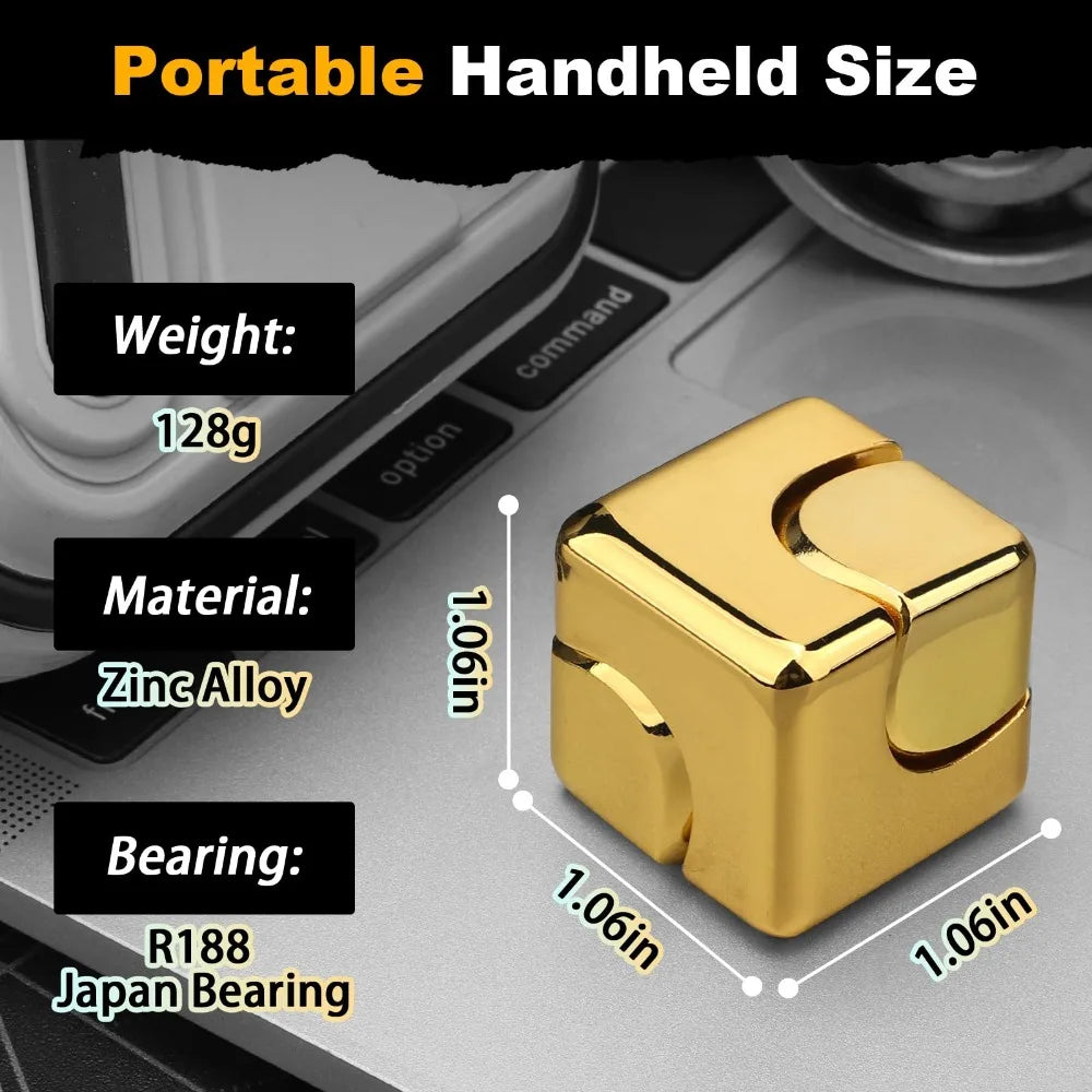 A gold-colored alloy metal fidget cube with a bearing shown next to specifications for weight, material, and bearing type.