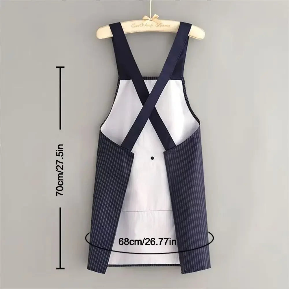A navy and white waterproof cross-back kitchen apron with removable towel hanging on a wooden hanger.