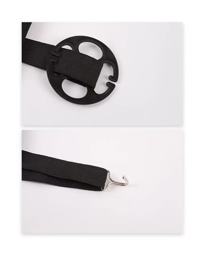 Black non-slip seatbelt buckle and strap for a car seat cushion.