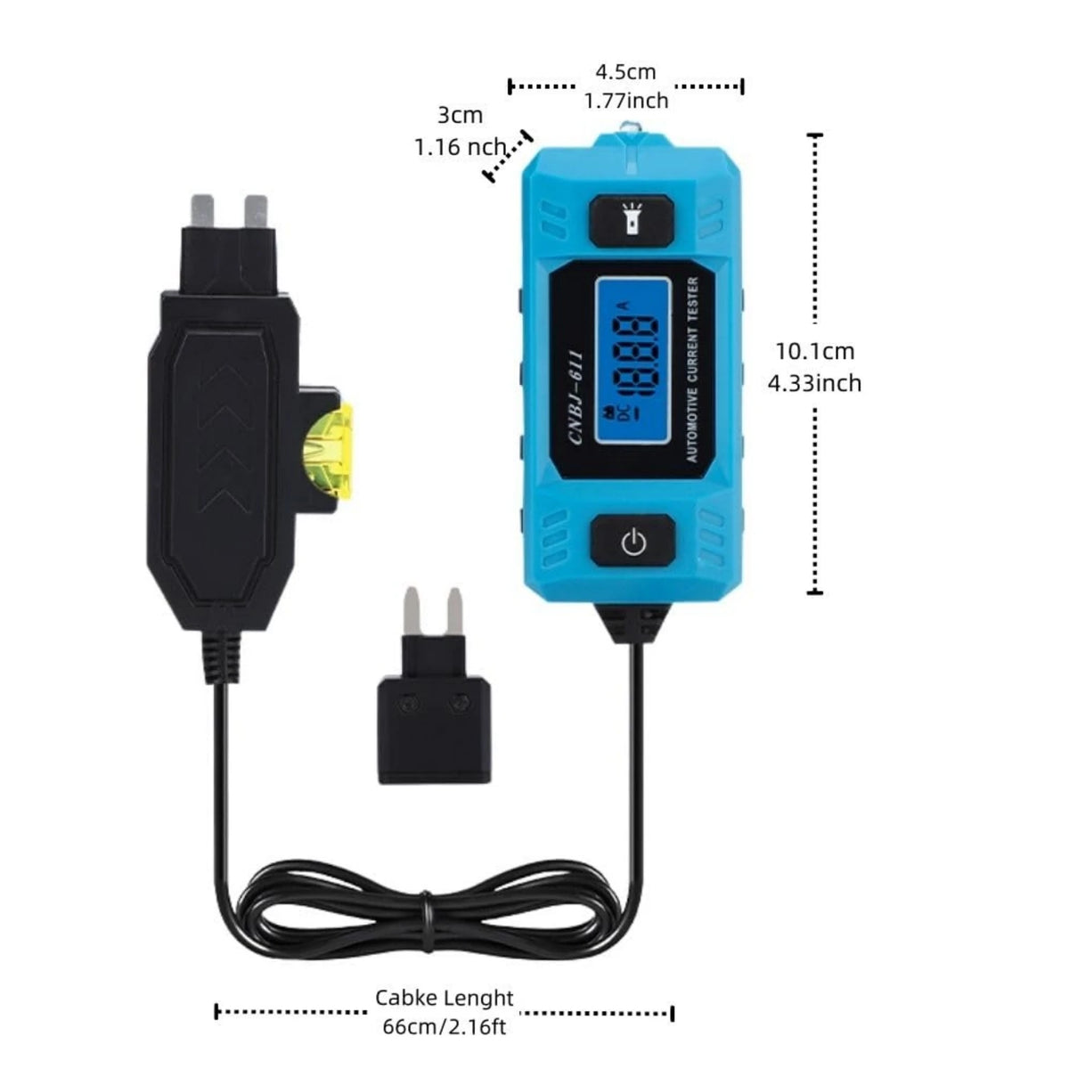 Blue automotive fuse current tester tool with a black cable and diagnostic features.