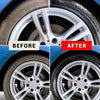 Before and after comparison of a tire and rim restoration process showing the difference in gloss coating.