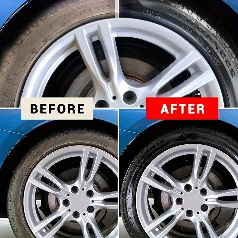 Before and after comparison of a tire and rim restoration process showing the difference in gloss coating.