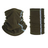 Olive green polar fleece neck warmer with light gray reflective stripes, shown in two views.