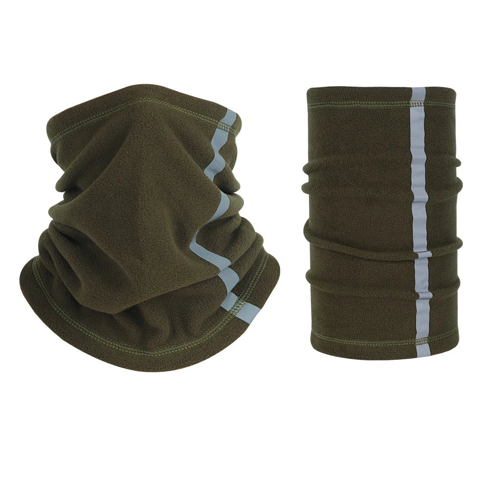 Olive green polar fleece neck warmer with light gray reflective stripes, shown in two views.
