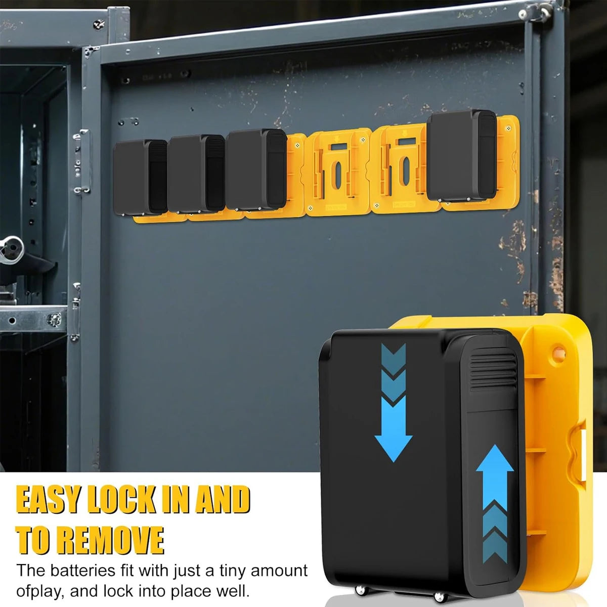 A black battery holder with yellow slots is mounted on a gray metal panel, showing how to easily lock in and remove batteries