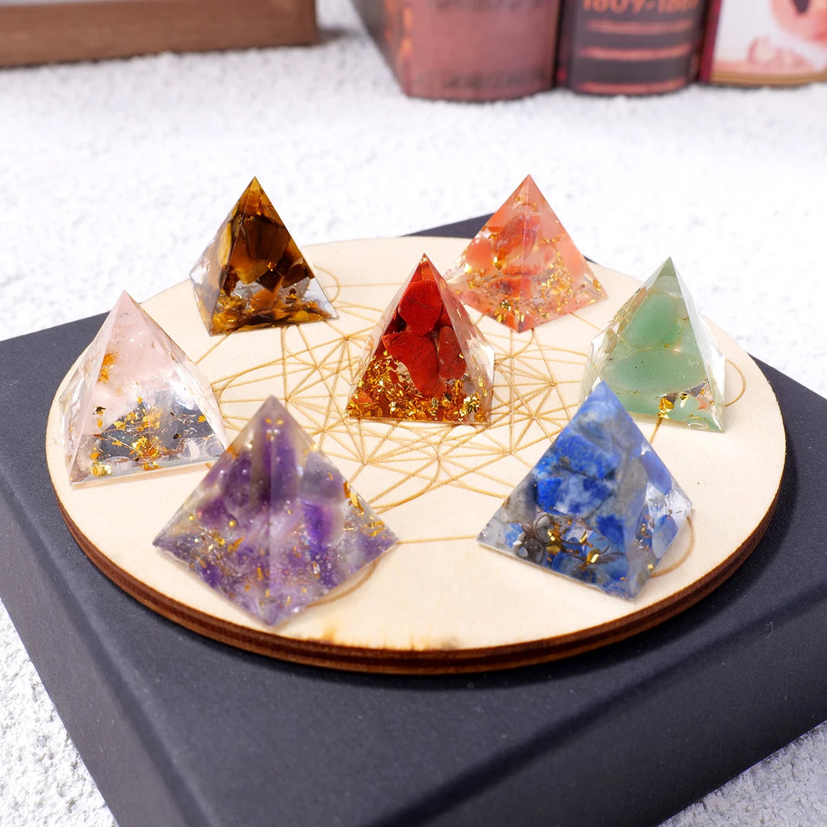 7-Piece Chakra Crystal Pyramid Set with Wooden Base