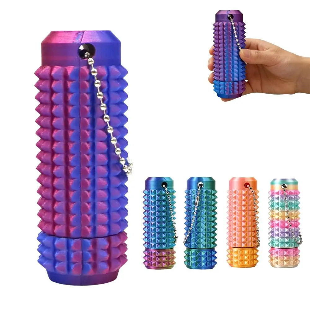 A set of purple and pink spiky sensory fidget rollers with chain attachments shown in various colors.