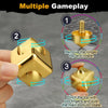 A gold alloy metal fidget cube spinner being manipulated by a hand to demonstrate multiple gameplay features.