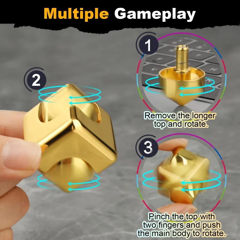 A gold alloy metal fidget cube spinner being manipulated by a hand to demonstrate multiple gameplay features.