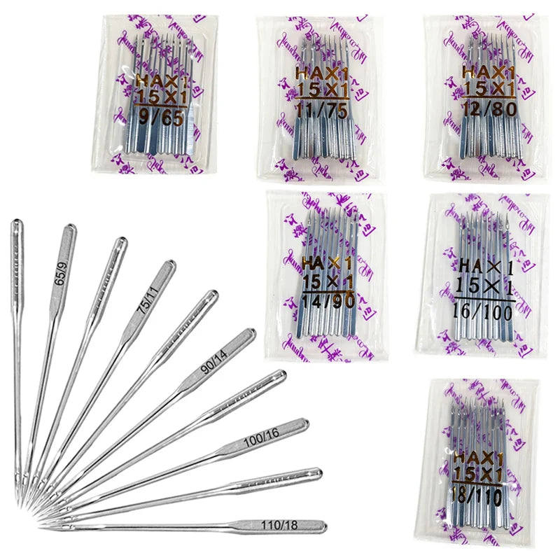 A collection of universal sewing machine needles in various sizes packaged in clear plastic bags.