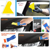 A tool kit for blade replacement and vinyl wrap application, showing before and after results on a car surface.