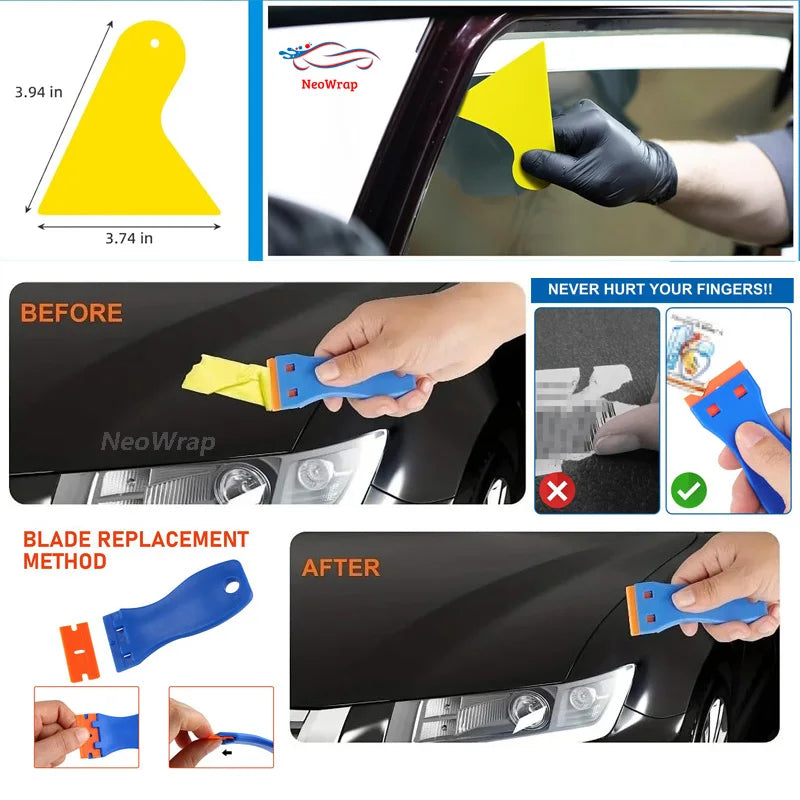 A tool kit for blade replacement and vinyl wrap application, showing before and after results on a car surface.