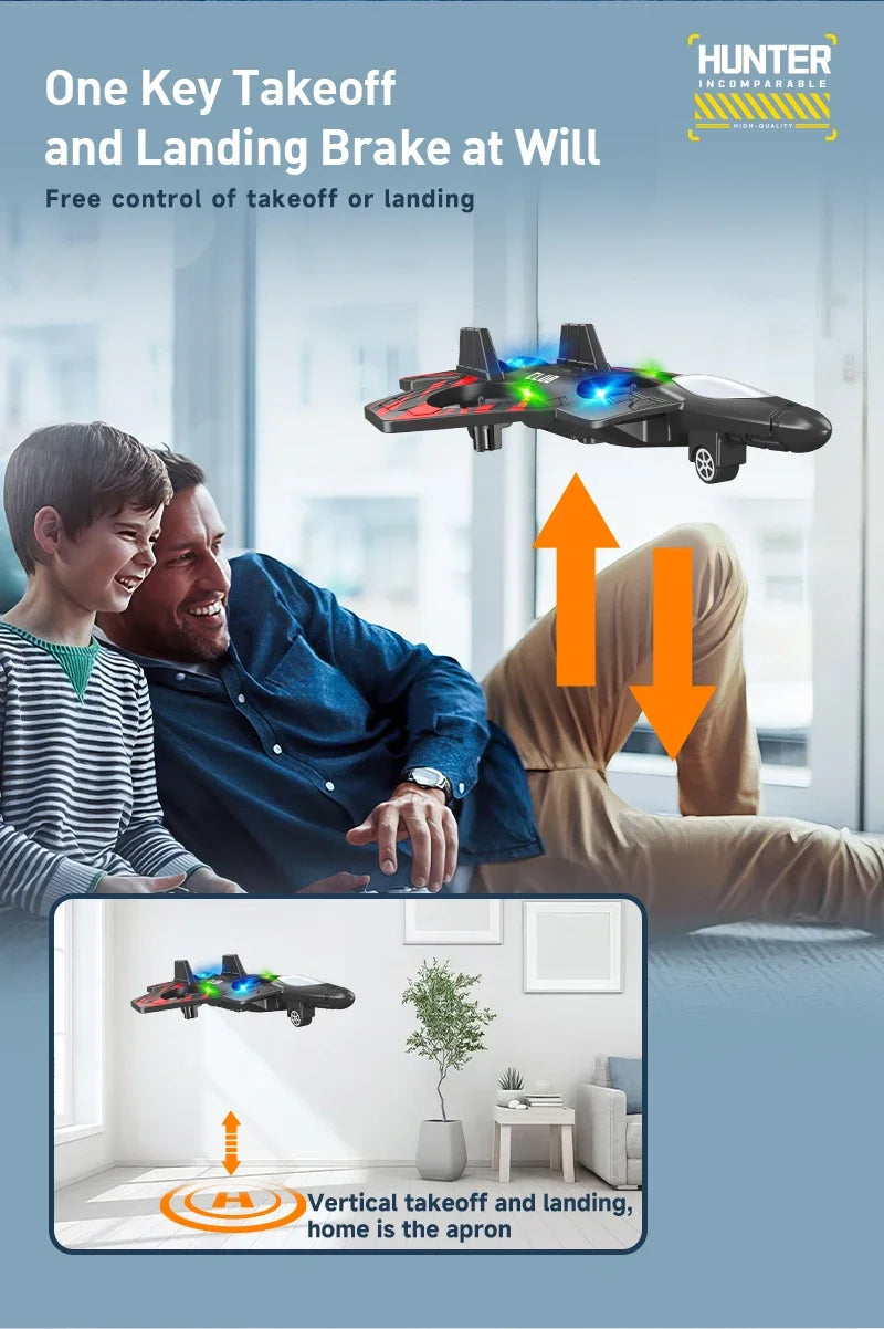 A black EPP foam RC stunt plane is shown in flight, demonstrating one-key takeoff and landing capability.