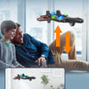 A black EPP foam RC stunt glider airplane is shown in flight, demonstrating one-key takeoff and landing at will.