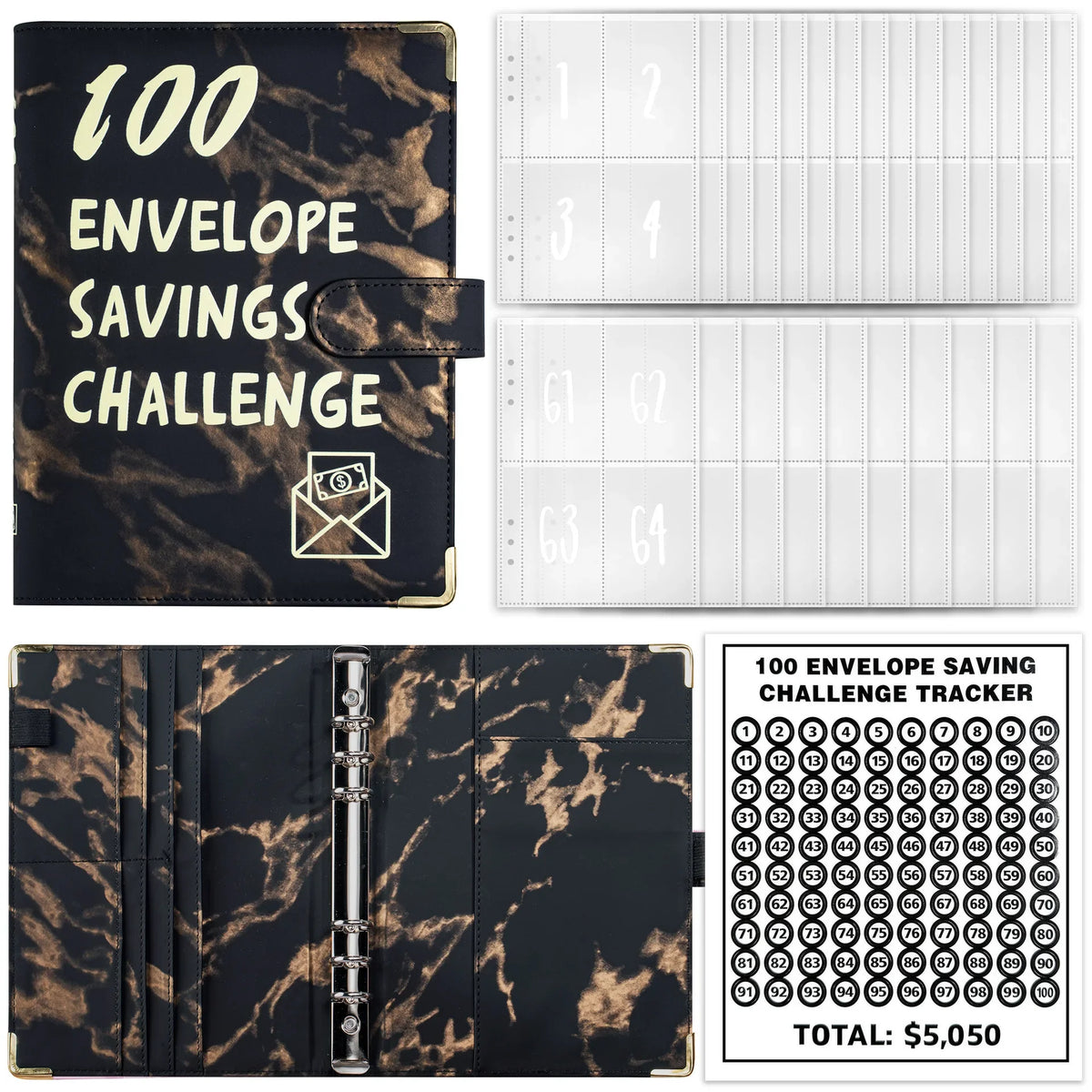 Marble A5 Savings Challenge Binder with 100 Cash Envelopes