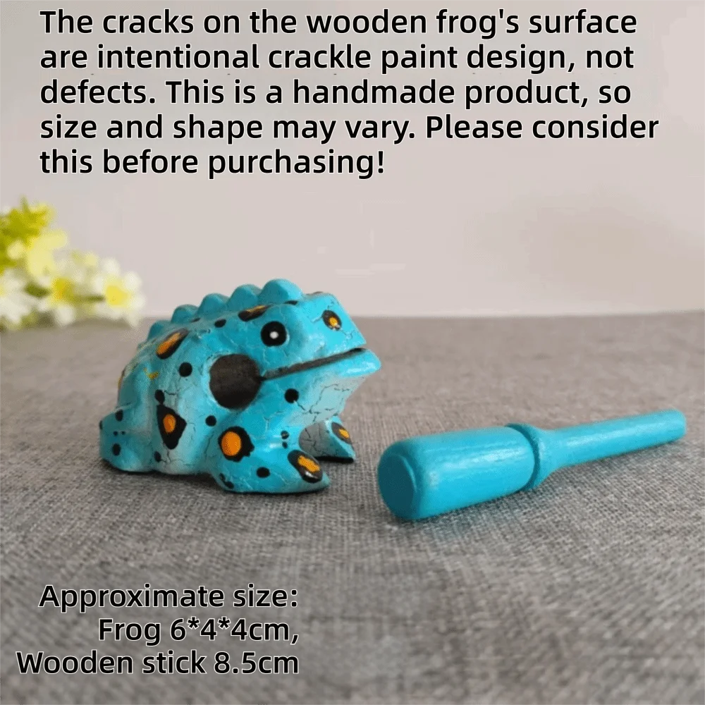 Handmade wooden frog percussion instrument with intentional crackle paint design and a wooden stick.