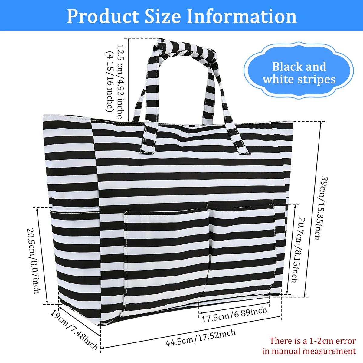 Sac en toile rayé noir et blanc avec une poche imperméable, montré à plat