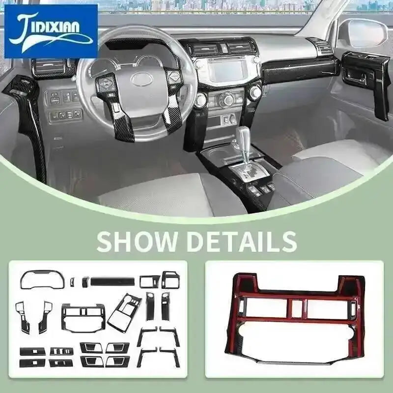 Close-up view of a Toyota 4Runner interior showing carbon fiber trim installation details.