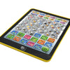 A yellow tablet displaying a colorful learning game interface with buttons and letters for bilingual education.