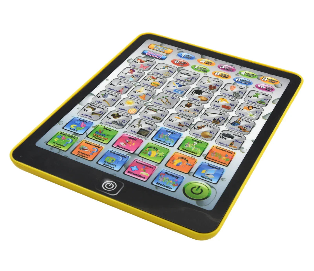 A yellow tablet displaying a colorful learning game interface with buttons and letters for bilingual education.