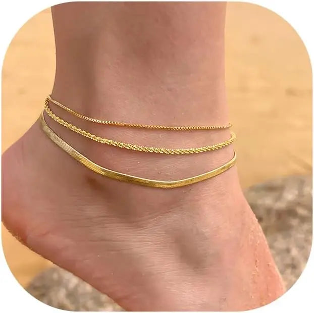 Layered Herringbone Anklet Set
