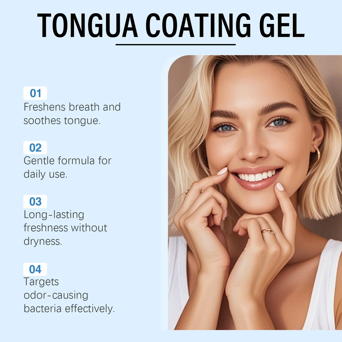A woman smiles while applying a clear coating gel to her tongue for fresh breath.