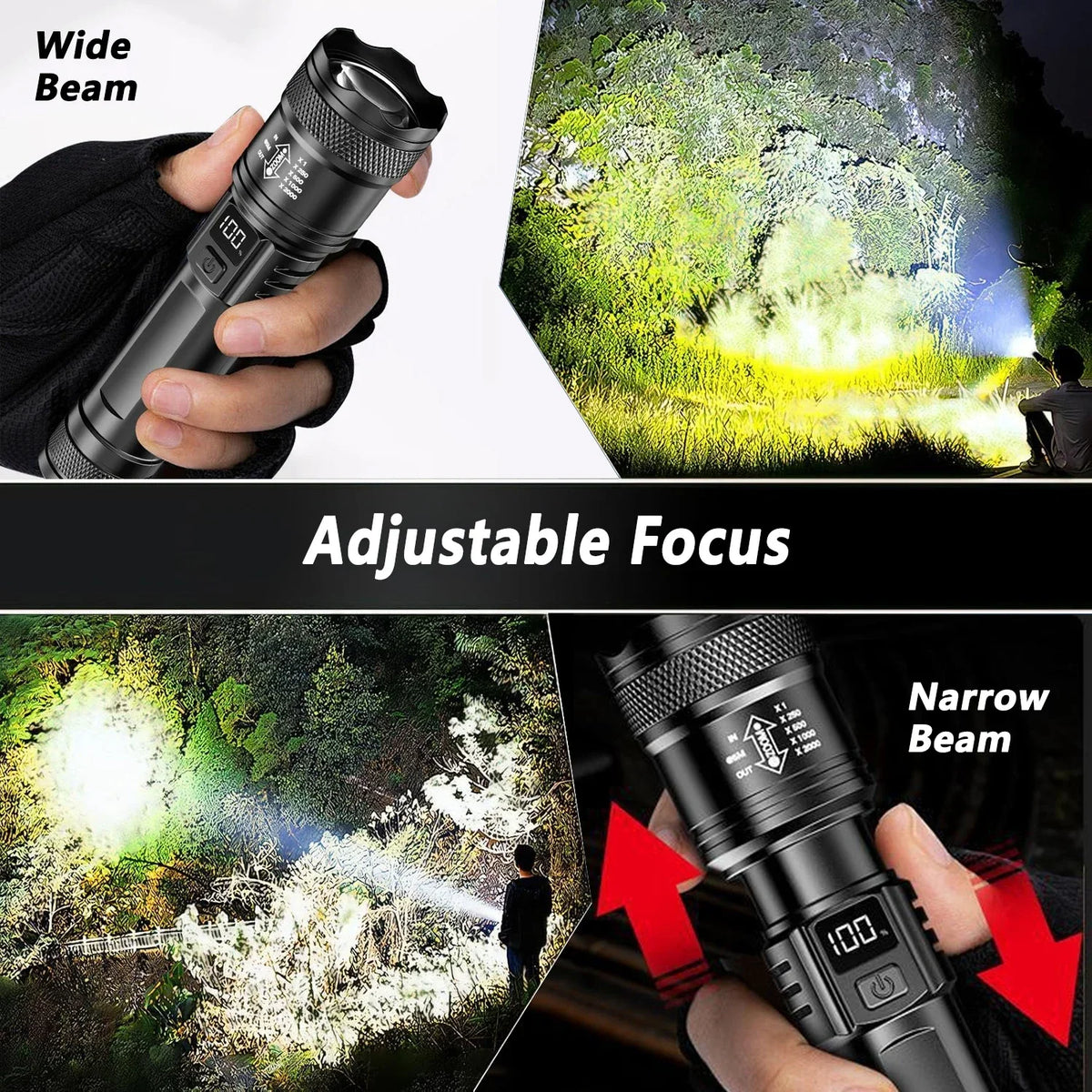 A tactical LED flashlight is shown demonstrating wide beam and adjustable focus features against a natural outdoor background