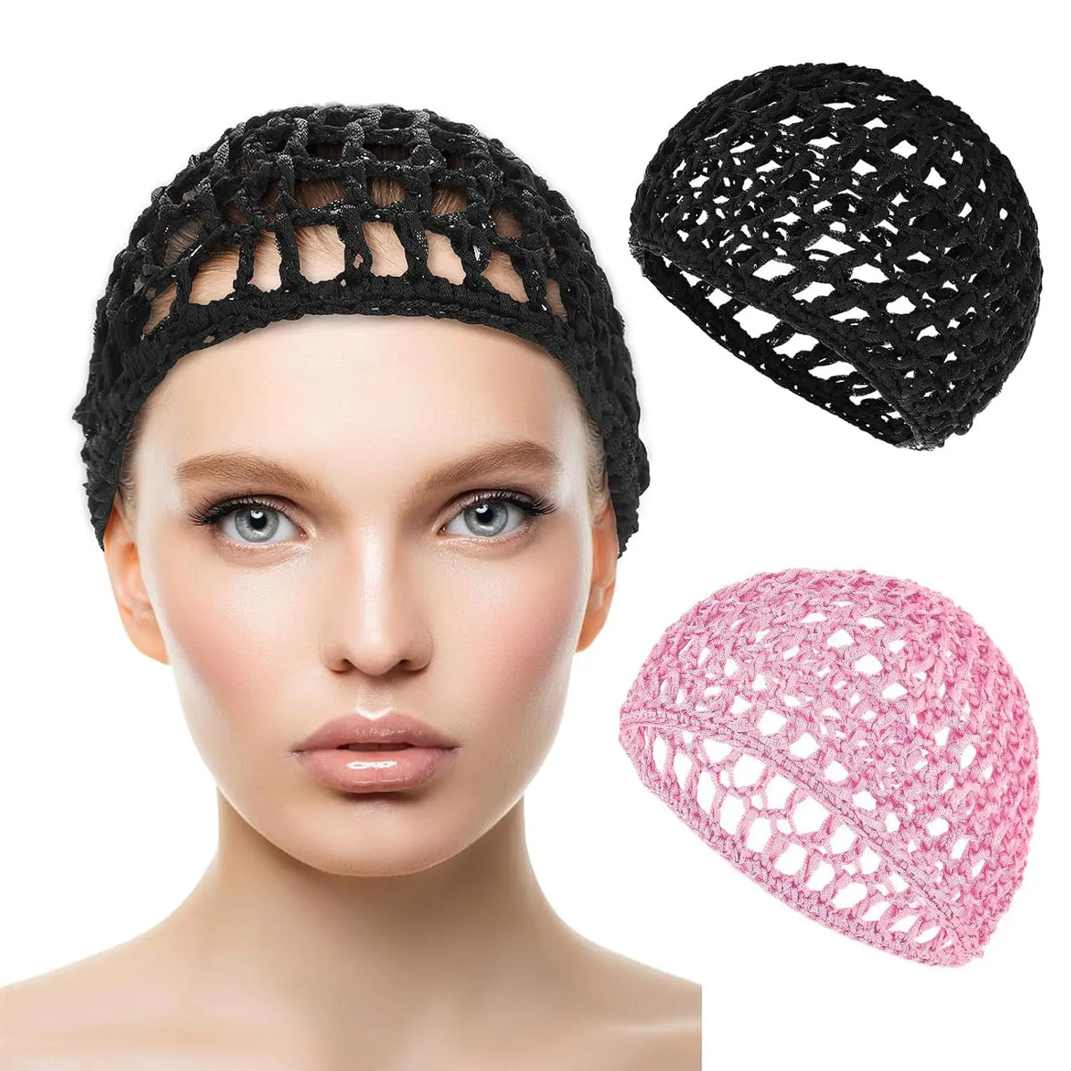 Black mesh crochet hair net shown on a model and as a separate item.