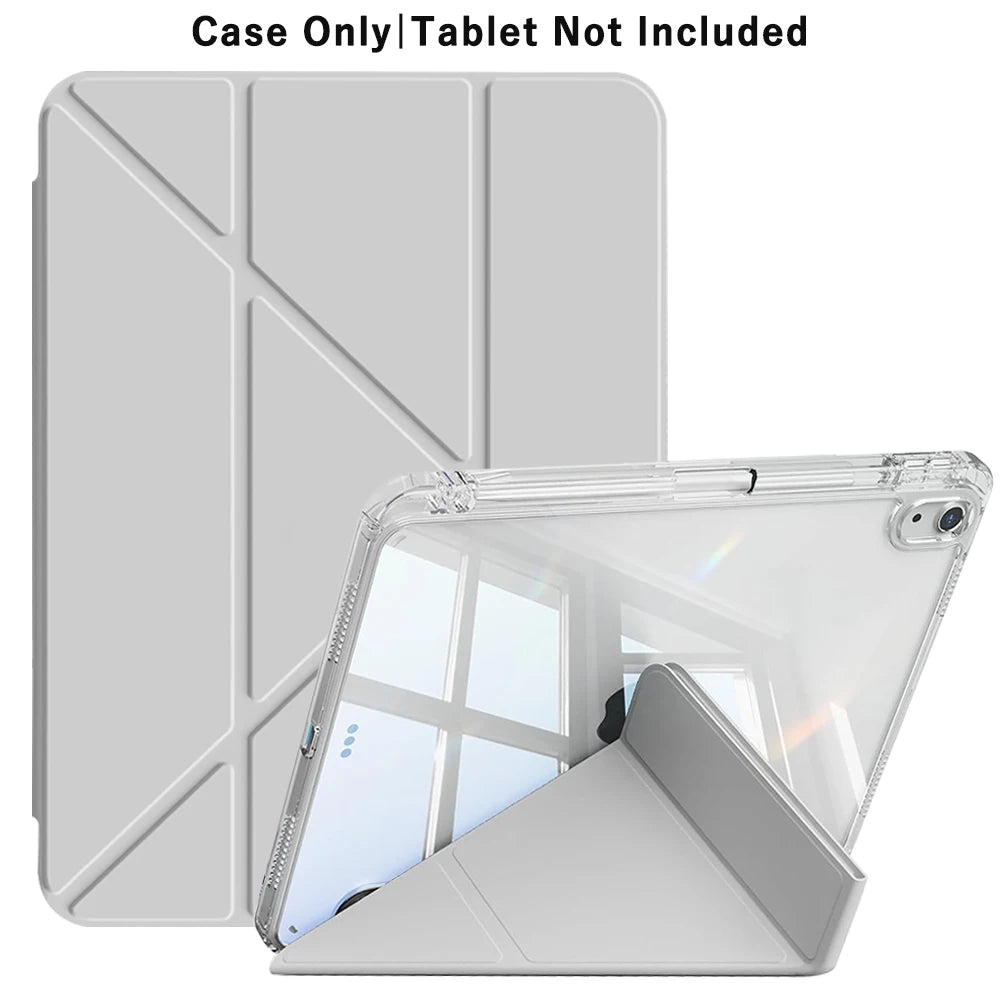 A clear foldable case for an iPad is shown next to its protective cover.