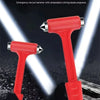 A red multifunctional safety hammer with an embedded cutting blade is shown against a dark background.