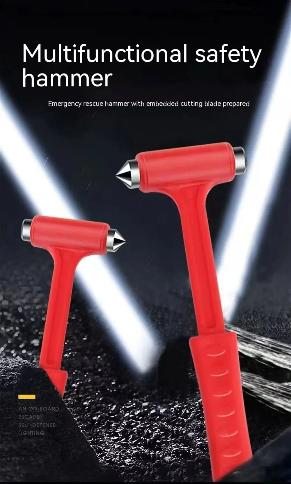 A red multifunctional safety hammer with an embedded cutting blade is shown against a dark background.