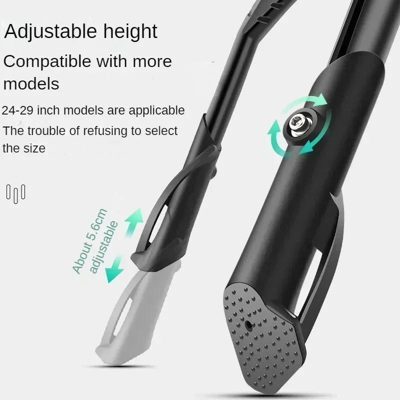 Close-up view of an adjustable bicycle kickstand with a padded grip and a textured footplate.