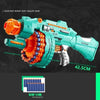 A teal electric burst soft bullet gun toy with an orange barrel and grip, shown against a dark background.