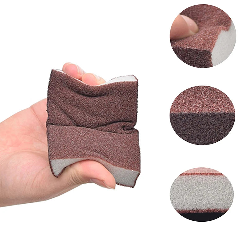 A hand holds a heavy-duty emery sponge for pots and pans, showing its texture and different shades.