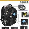 A black multi-functional backpack showing various compartments including pockets for books, plates, and clothing.
