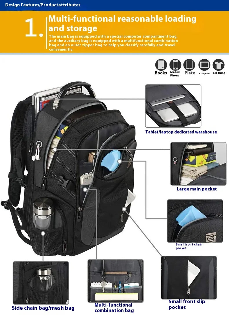 A black multi-functional backpack showing various compartments including pockets for books, plates, and clothing.