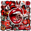 A collage of red and black gothic skull stickers featuring various skulls, roses, and dark imagery.