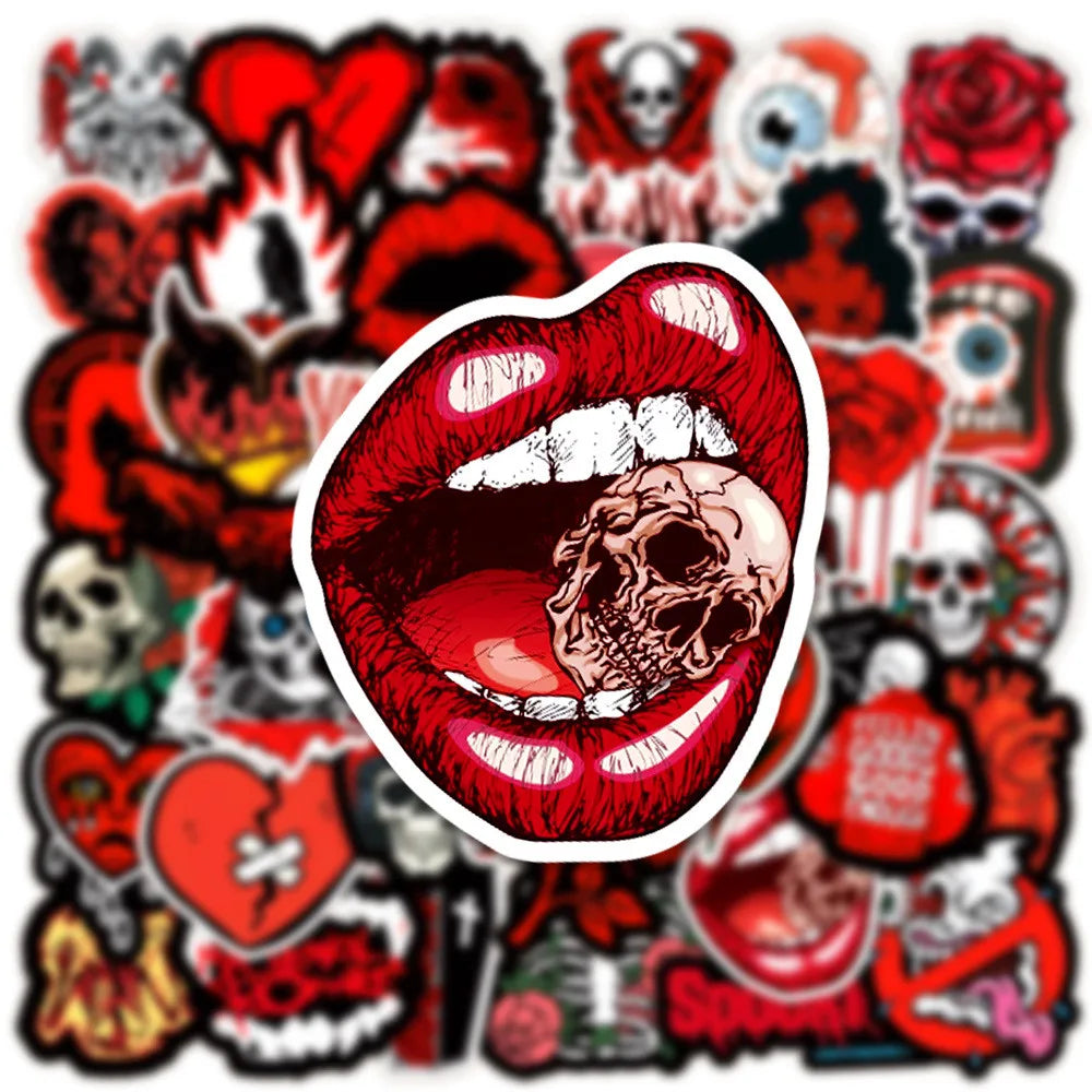 A collage of red and black gothic skull stickers featuring various skulls, roses, and dark imagery.