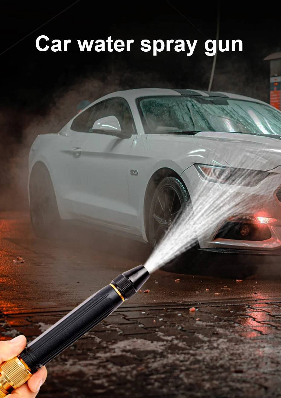 A hand holds an adjustable high-pressure car wash water spray gun spraying water onto a white car.