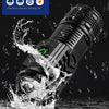 A black pocket flashlight is shown being immersed in water, demonstrating its waterproof feature.