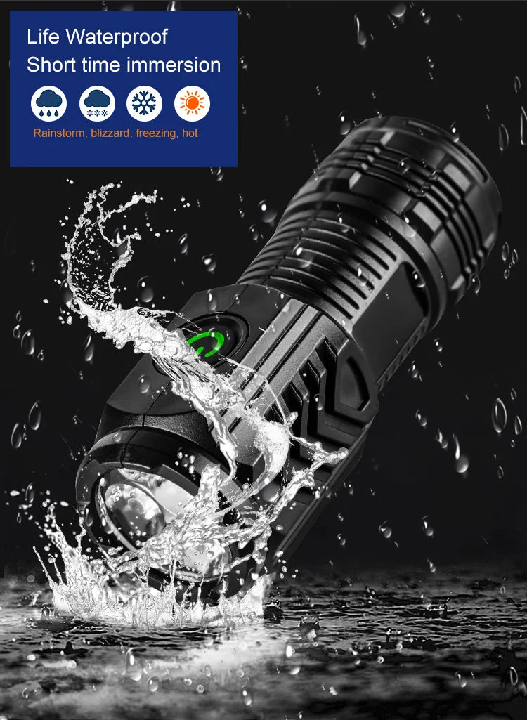 A black pocket flashlight is shown being immersed in water, demonstrating its waterproof feature.