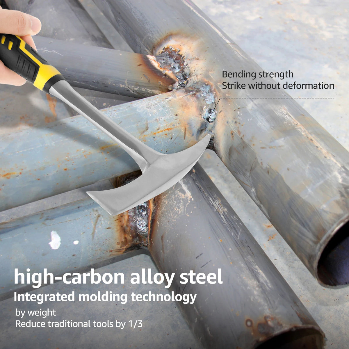 A hand holds a high-carbon alloy steel welding chipping hammer demonstrating its bending strength on a metal pipe.
