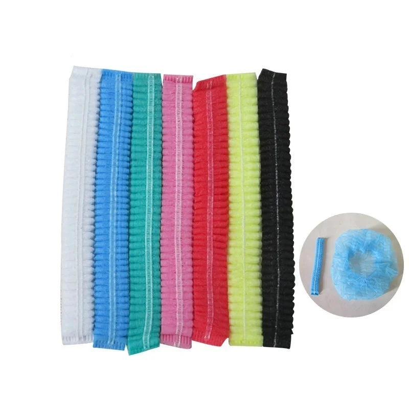 A pack of 100 disposable non-woven hair net caps in vertical stripes of white, blue, green, pink, red, yellow, and black.