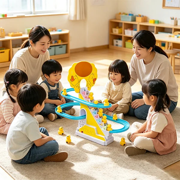 A family is playing with a yellow duck stair climbing track toy in a bright room.