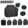 Black heavy-duty waterproof grill cover shown with various size options and features.