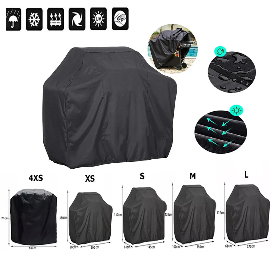 Black heavy-duty waterproof grill cover shown with various size options and features.