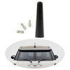 A black car radio antenna with adapter screws shown above a white car.