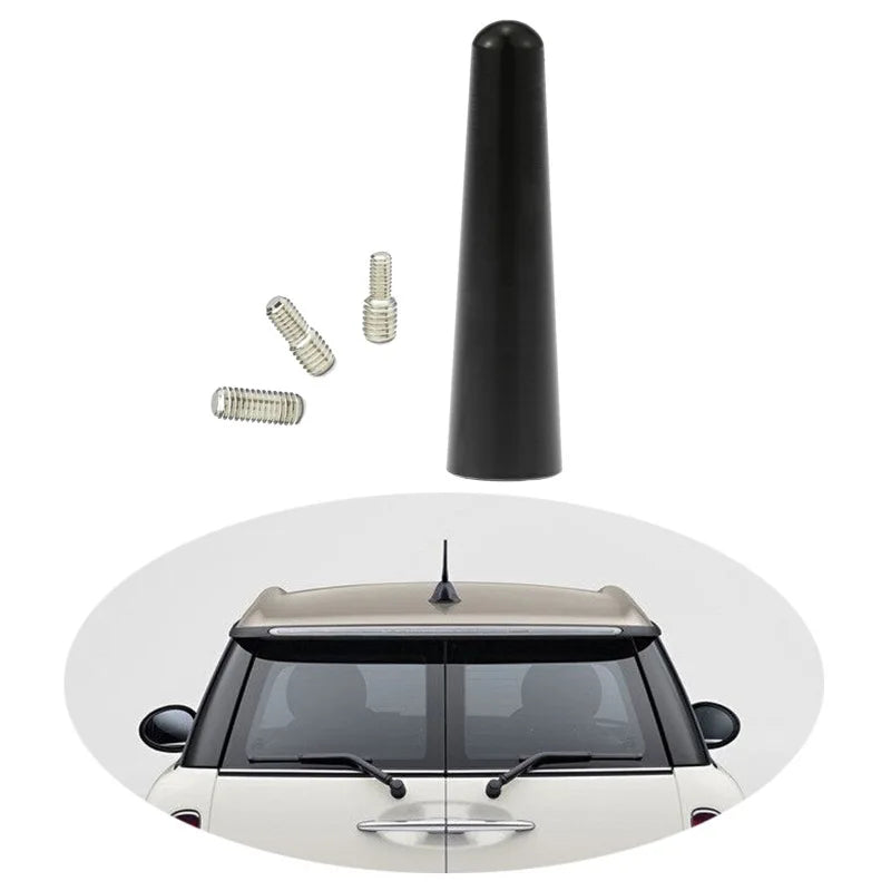 A black car radio antenna with adapter screws shown above a white car.