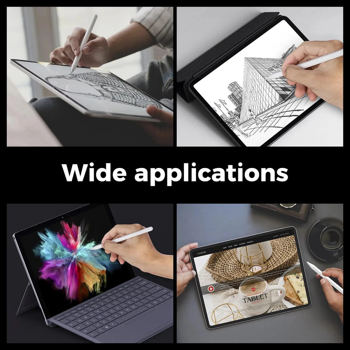A collection of images showing a precision stylus pen being used on various digital devices including tablets and laptops.