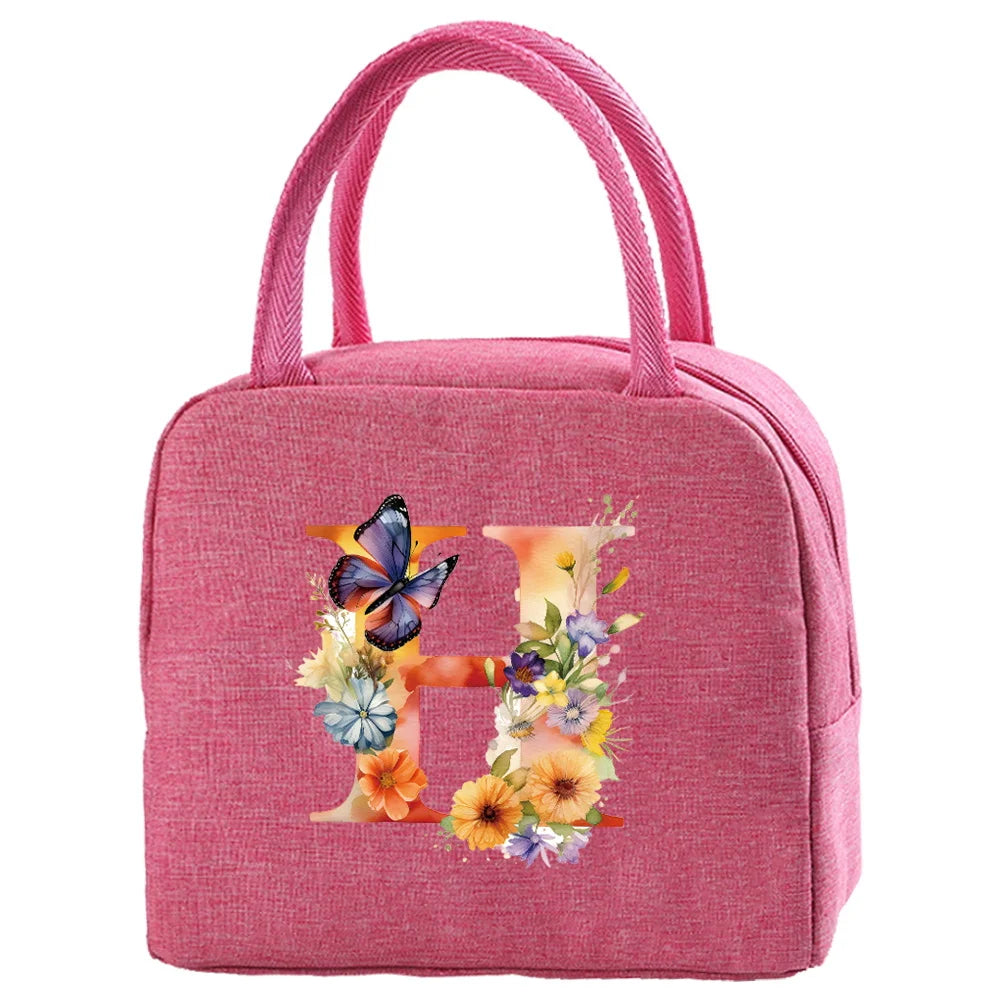 Insulated Canvas Lunch Bag with Butterfly Letter Pattern